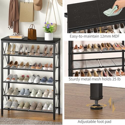 6-Tier Shoe Rack, Metal Shoe Stand with Wooden Top & 4 X Frames, Holds up to 24 Pairs, Sturdy Shoe Shelf for Entryway Closet Garage, Black - color: Black, size: 27.8"L x 10.8"W x 39.2"H