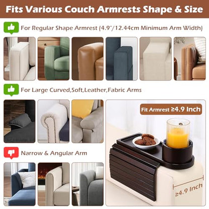 Couch Cup Holder Tray, 15.75" Bamboo Cup Holder for Couch, 3 in 1 Foldable Arm Chair Clip on Side Tray Table for Remote Snack Table on Armrest - color: Black Walnut