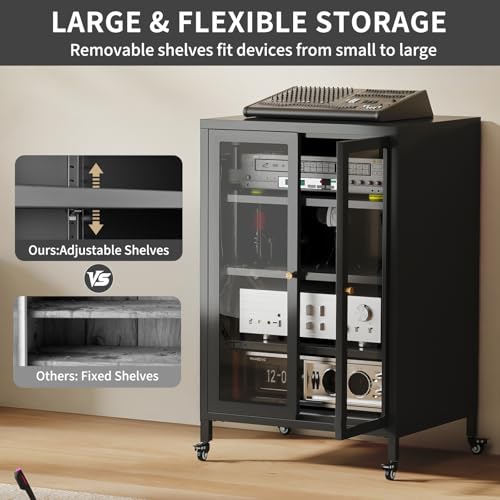 Metal Media Cabinet with Swivel Wheels & Glass Doors, 4-Tier Stereo Cabinet, Adjustable Shelves AV Rack with Cable Management, Black - color: Black, style: Swivel Wheels