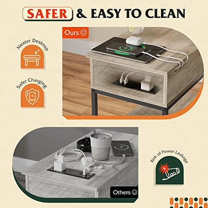 WLIVE Narrow Side Table with 2 USB Ports and 2 Outlets, Flip Top End Table with Drawer and Storage Shelves, Small Nightstand with Charging Station for Living Room/Bedroom, Greige - color: Greige