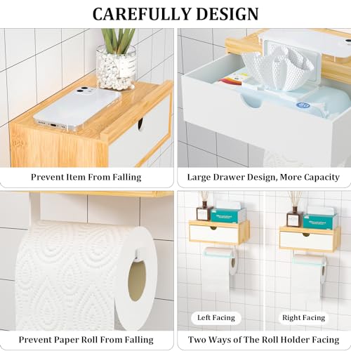 Domax Toilet Paper Holder with Shelf,Wall Mount/Adhesive Bathroom Toilet Paper Holder,Bamboo Wood Tissue Toilet Roll Holder with Storage Drawer for Organizer Wipes,Fits Any Room, Bamboo+White, Large - color: Bamboo+white