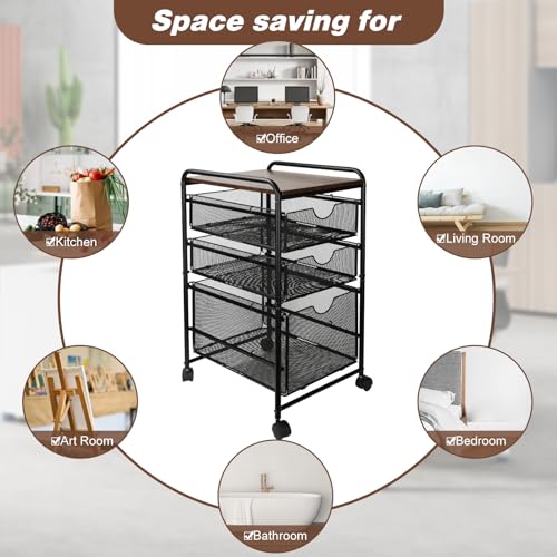 EasyPAG 3-Tier Rolling File Cart with 1 Large & 2 Small Baskets – Adjustable Hanging Organizer, Under Desk Storage, Mobile File Cabinet for Home/Office, Black
