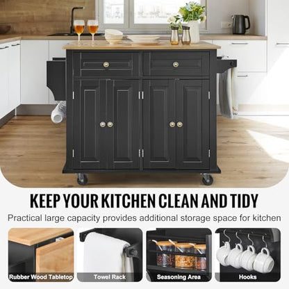 VEVOR Kitchen Island Cart, 35" Wood Top Mobile Carts with Storage Cabinet, Rolling Table with Drop Leaf, Spice Rack, Towel Bar, Adjustable Shelf, Drawer, and Hooks, Portable Islands on Wheels, Black - size: 35.4" W Drop Leaf, style: 2 Drawers & 4 Doors