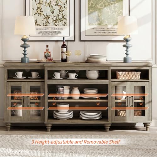 WAMAPT Buffet Cabinet with 4 Glass Doors, Large Coffee Bar Tables Wood Kitchen Storage Cabinets with 9 Storages, Modern Farmhouse Sideboard Credenza, Wash Gray, 70 inch - color: Wash Grey