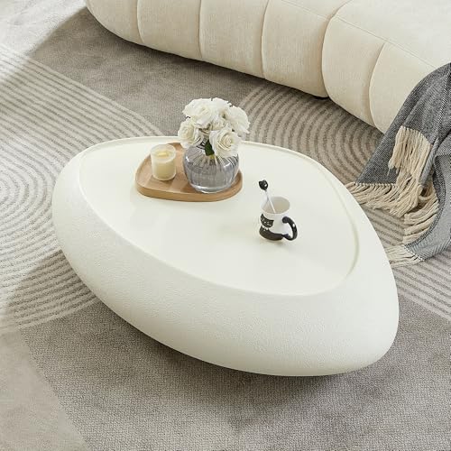 47" Modern Coffee Table Faux Stone Coffee Table Unique Rock Center Tables Round Edge Design Accent Tables for Living Room Office Apartment No Assembly,Fiberglass, Cream White - color: Fiberglass Oval-white