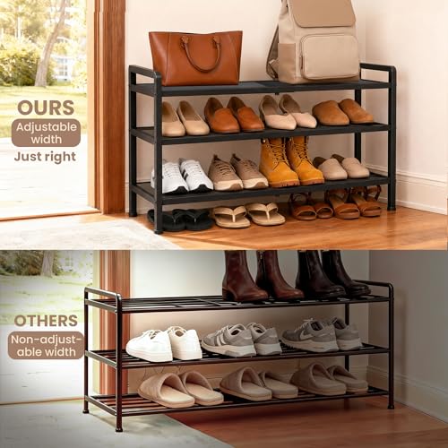 Varhomax Expandable Shoe Rack for Closet and Entryway 3-Tier | Adjustable Shoe Organizer, Sturdy Black Metal Storage Shelf for Apartment, Dorm, Small Spaces