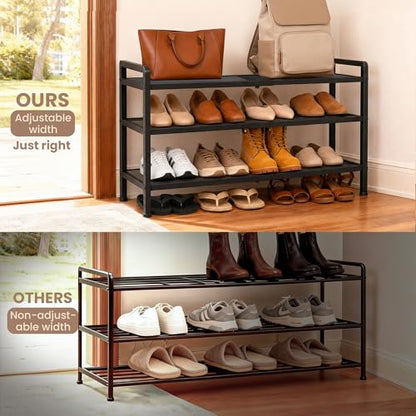 Varhomax Expandable Shoe Rack for Closet and Entryway 3-Tier | Adjustable Shoe Organizer, Sturdy Black Metal Storage Shelf for Apartment, Dorm, Small Spaces