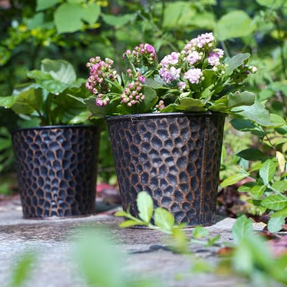 6in Metal Copper Planter Set of 2, Hammered Plant Pots 6" H×7" W, Built-in Tray & Inner Pots, Use as Vase/Candle Holder/Christmas Decor, Includes Pebbles, for Indoor/Outdoor Plants