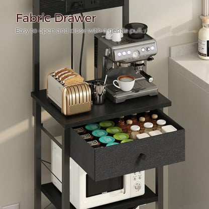 MAHANCRIS Bakers Rack with Drawer, Microwave Stand with Power Outlet, Coffee Bar Station with 4 Hooks, Kitchen Storage Shelf Rack 4 Tiers, for Kitchen, Dining Room, Black BRBK48E01 - color: Black