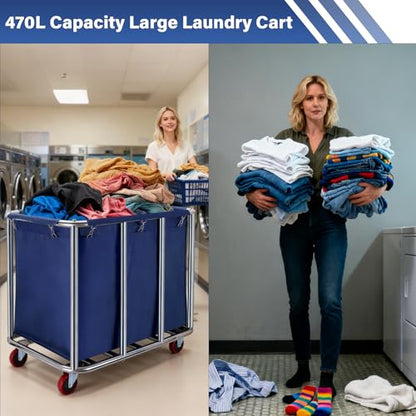 Commercial Laundry Cart with Wheels, 400L Capacity Heavy Duty Large Laundry Basket with Watertight Oxford Bag and Sturdy Steel Frame for Home, Hotel,Hospital,440 lbs(Blue) - color: Blue