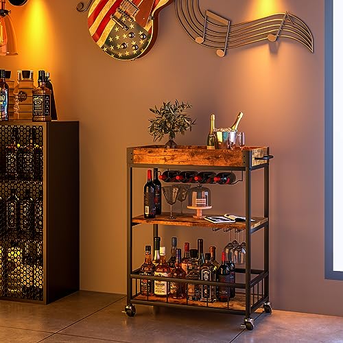 Bar Cart Serving Wine 3 Tier Home Rolling Rack with Wheels Mobile Kitchen Industrial Vintage Style Wood Metal Serving Trolley Serving Cart,Glass Holder Bar Cabinet - size: Rustic Brown, style: Standard