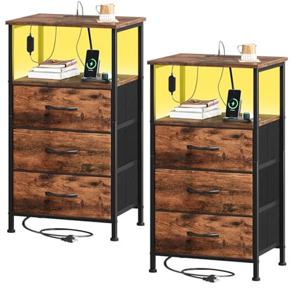 Somdot Nightstands Set of 2 with 3 Drawers, Charging Station & LED Light | Open-Shelf End Tables for Bedside, Small Spaces, Bedroom, Entryway and Hallway, Brown - color: Brown, size: 11.8"D x 15.7"W x 28.3"H (3 Drawers)