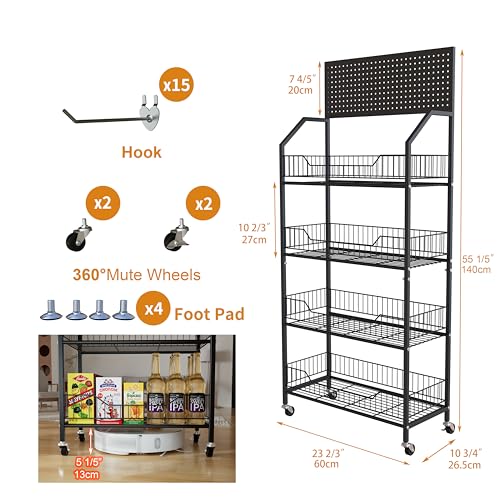 4 Tier Supermaket Snack Rack Display Stand, Retail Display Shelves with Hooks & Wheels, Metal Snack Shelf for Store Home Kitchen, Black Chip Rack Display Stand (4 Tier（60cm）) - size: 4 Tier（23.6inch）