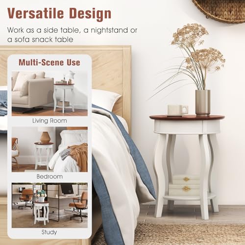 GOFLAME 2-Tier Round End Table, Compact Nightstand with Storage Shelf & Solid Wood Curved Legs, Accent Table, Mid-Century Sofa Side Tables for Living Room, Bedroom, Small Space, White