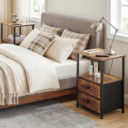 LOAKEKEL Night Stand, Nightstands Set of 2 with Charging Station | Bedside Table with 2 Fabric Drawers for Bedroom, End Tables with Storage Shelf for Small Spaces, Rustic Brown - color: Rustic Brown, style: Power