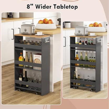 LOKO 4-Tier Rolling Storage Cart, 8 Inches Slim Kitchen Cart on Wheels with Open Shelves & Handle, Laundry Room Cart Between Washer and Dryer, for Narrow Space Bathroom Next to Fridge (Grey & Natural) - color: Grey & Natural