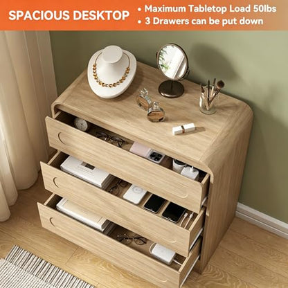 32" Large Nightstand, 3 Drawer Nightstand with Spacious Drawers | Pre-Installed Slides, Wood Bedside Table, Modern End Table, Curved Night stand for Bedroom Sofa Couch Office, Natural Oak - color: Natural Oak, size: 3 Drawer