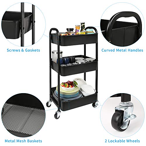 3-Tier Rolling Utility Cart with Caster Wheels,Easy Assembly, for Kitchen, Bathroom (Black) - color: Black, size: 3-Tier Standard Cart