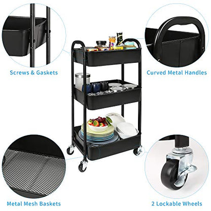 3-Tier Rolling Utility Cart with Caster Wheels,Easy Assembly, for Kitchen, Bathroom (Black) - color: Black, size: 3-Tier Standard Cart