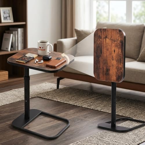 Japard Flexible Living Side Table 11.8" x 16", Rustic Brown Wood Couch for Laptop, Snacks, Work & Small Spaces, 9 Adjustable Height 18.5" - 30"