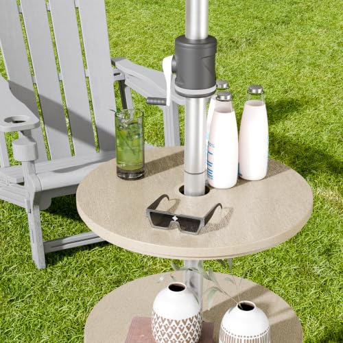 Patio Umbrella Table Tray with 1.5" Hole, Plastic Outdoor Side Table with Adjustable Knob, All-Weather, for Poolside, Backyard, Deck, 2pcs, Beige