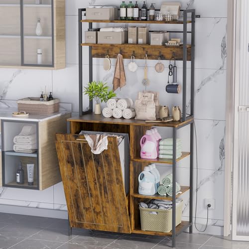 Kitchen Bakers Rack with Storage Shelf - 6-Tier Microwave Stand Oven Cabinet W/Tilting Trash Can Bin and Power Outlet, Farmhouse Thickened Coffee Bar Table Station W/6 Hooks&Adjustable feet - color: Brown