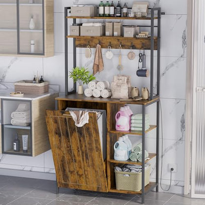 Kitchen Bakers Rack with Storage Shelf - 6-Tier Microwave Stand Oven Cabinet W/Tilting Trash Can Bin and Power Outlet, Farmhouse Thickened Coffee Bar Table Station W/6 Hooks&Adjustable feet - color: Brown