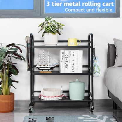 HDANI 3 Tier Metal Rolling Utility Cart,High Capacity Multi Purpose Heavy Duty Cart for Office,Kitchen,Living Room,Bedroom,Black - color: Black, size: Large with Basket