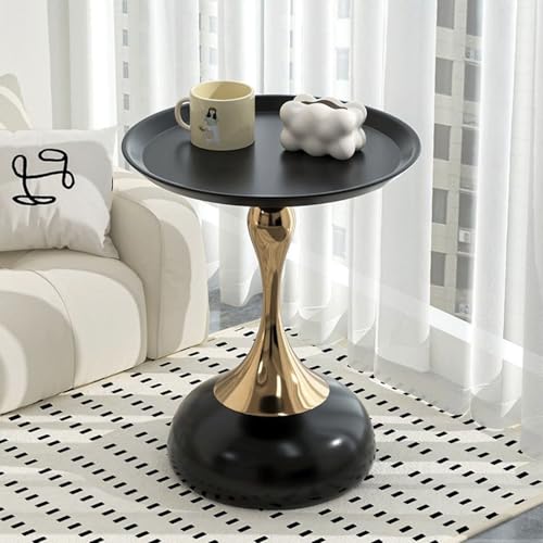 Modern Round Side Table with Gold Pedestal Base, Black Metal Top, Accent End Table for Living Room (Black) - color: Black