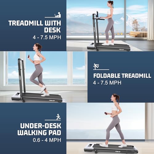 FUNMILY Upgrade Walking Pad Folding Treadmill with 12%/15% Incline & Handle Bar, 3.5HP Foldable Under Desk Compact Treadmills for Home/Office/Gym, 400+lb Capacity, Shock Absorption - color: White