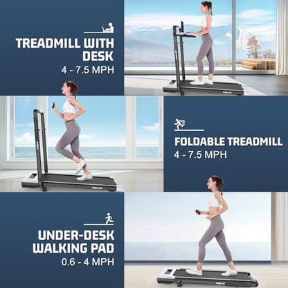 FUNMILY Upgrade Walking Pad Folding Treadmill with 12%/15% Incline & Handle Bar, 3.5HP Foldable Under Desk Compact Treadmills for Home/Office/Gym, 400+lb Capacity, Shock Absorption - color: White