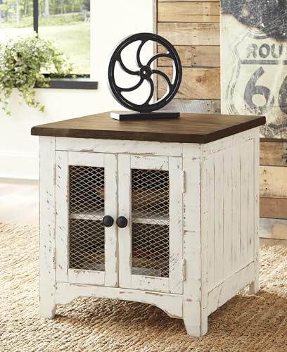Signature Design by Ashley Wystfield Farmhouse End Table with Storage, Distressed White & Brown Finish - color: Dark Brown & White