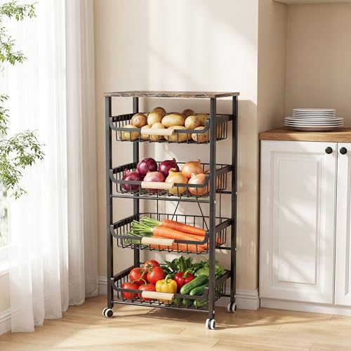 JAQ 5-Tier Fruit Vegetable Storage Cart with Wood Top, Rolling Kitchen Basket Organizer with Ergonomic Wood Handle & Wheels for Snacks Produce, Heavy Duty Metal Vianderos para Cocina Modernos, Black - color: 5-tier/Black