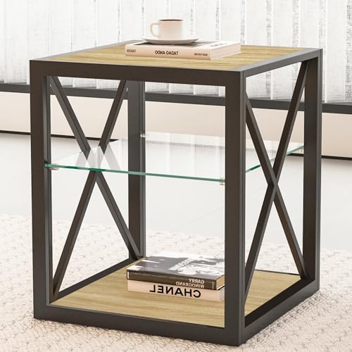 Industrial Side Table with 3-Tier Storage – Tempered Glass Shelf, X-Frame Metal Design, Natural Wood Finish, Compact End Table for Living Room, Bedroom or Office(Product G)