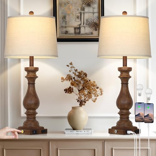 29" Tall Farmhouse Table Lamp for Living Room Set of 2,Vintage Retro Nightstand Lamps with USB C+A Ports & AC Outlet,3-Way Dimmable Touch Bedside Lamp for Bedroom Side Table,Brown - color: Brown