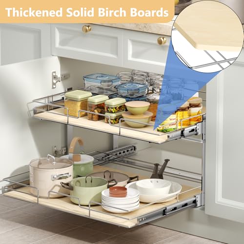 ROOMTEC 2 Tier Individual Pull Out Cabinet Organizer 31½"W x 21½"D, Slide Out Wood Shelves Organizers, Pull Out Drawers Organization and Storage for Kitchen Cabinet - size: 31½" W x 21½" D