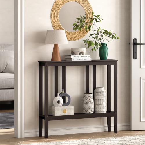 ELYKEN Bamboo 2-Tier Narrow Console Table, 36.2" Long Slim Hallway Table | Sofa Table Behind Couch with Storage Shelf for Entryway, Living Room, Foyer - color: Brown