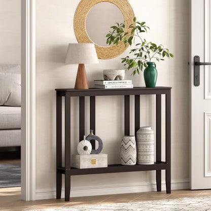 ELYKEN Bamboo 2-Tier Narrow Console Table, 36.2" Long Slim Hallway Table | Sofa Table Behind Couch with Storage Shelf for Entryway, Living Room, Foyer - color: Brown