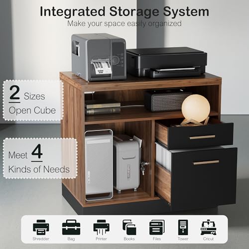 2 Drawer Lateral File Cabinet with Lock for Home Office | Filing Cabinet for A4 / Letter Documents, 31.5"W * 19.5"D * 29.5"H, Credenza w/ Built-in Power Outlet, Printer Stand - color: Black Walnut