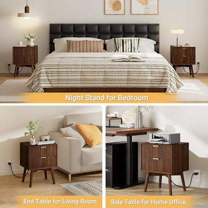 Walnut Fluted Nightstands Set of 2 with Charging & Beveled Edges | 18in Wide, FSC-Certified MDF, Solid Wood Legs, 2 Drawer, Metal Handle, Modern, Bedroom, Night Stand, Bedside Table, End Table - color: Walnut - Beveled Drawer, size: 18"W
