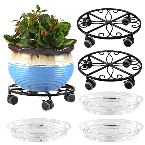 3 Pack Plant Caddy with Wheels Heavy Duty 11.8 Inches Metal Plant Stand with Wheels Plant Dolly Rolling Plant Stand Plant Roller with Casters for Indoor and Outdoor (3, Black) - color: Black