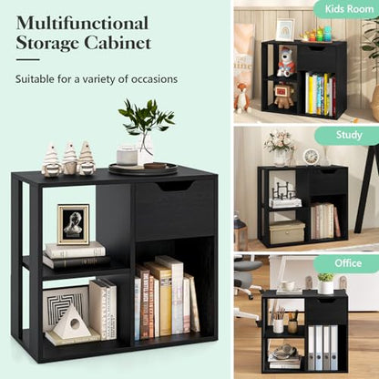 Giantex 3 Cube Bookcase with Drawer Set of 2, 2 Tier Bookshelf for Small Spaces, Modern Freestanding Display Rack with Open Shelves, Book Case, Wood Cube Storage Organizer Bedroom Living Room, Black - color: Black