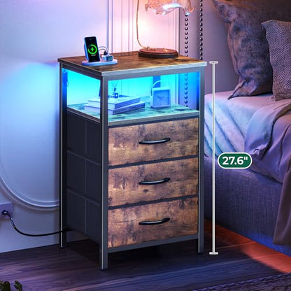 Huuger Night Stand with Charger Station and LED Lights, 3 Drawer Nightstand, Bed Side Table with Open Shelf, End Table, Tall Fabric Dresser for Bedroom, Rustic Brown - color: Rustic Brown, size: 11.8"D x 15.7"W x 27.6"H（3 Drawers）