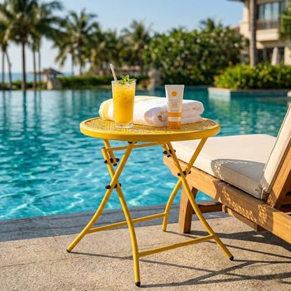 TeoKJ Folding Outdoor Side Tables, Anti Rust Small Patio Table Round Metal Nightstand with Flower Cutouts for Porch Yard Balcony Deck Lawn, Yellow - color: Yellow