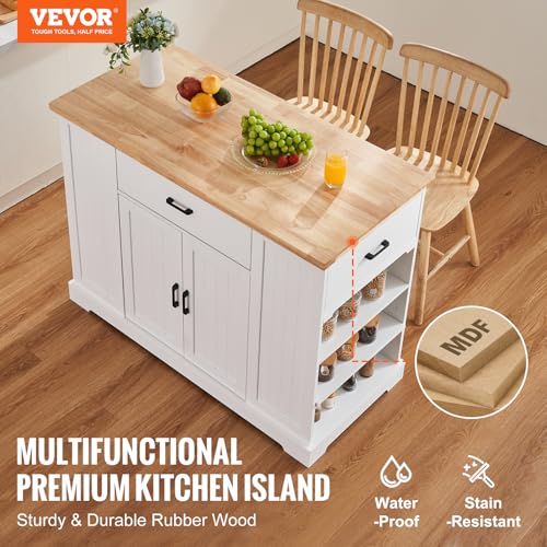 VEVOR 46" Wood Top Breakfast Bar with Storage Cabinet, Farmhouse Kitchen Table with Adjustable Shelf, Drawer, for Dining Kitchen Living Room, White - size: 46"W