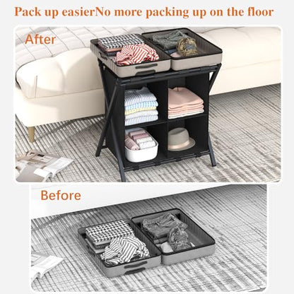 aboxoo 2 Pack Luggage Rack with storage, Guest Room Folding Suitcase Stands, Holds up to 120 lb, Space Saving Suitcase Holders for guest room, Bedroom Hotel, Black