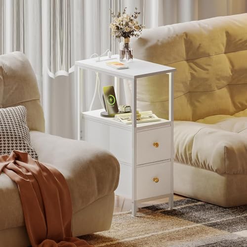 TOMNK Narrow Side Table with Charging Station and LED Light, Skinny Nightstand with 2 Fabric Drawers