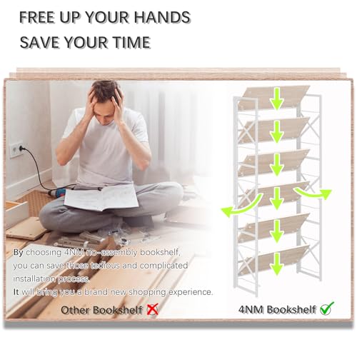 4NM 6 Tiers No Assembly Book Shelves, 61.8" H Folding Bookshelf Bookcase Open Industrial Foldable Shelves for Bedroom, Living Room, Home Office - Natural White - color: Natural White, size: XX 6-Tier
