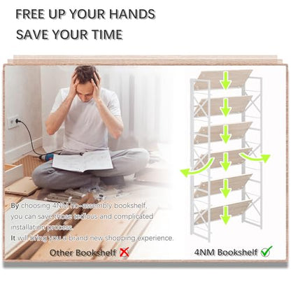 4NM 6 Tiers No Assembly Book Shelves, 61.8" H Folding Bookshelf Bookcase Open Industrial Foldable Shelves for Bedroom, Living Room, Home Office - Natural White - color: Natural White, size: XX 6-Tier