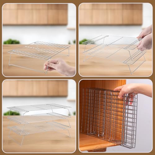 Cooling Rack for Baking 3 Tiers, 16" x 10" Cookie Cooling Wire Rack Stackable Collapsible Nonstick, Stainless Steel Baking Cooking Cooling Racks with Optimum Air Flow, Silver - color: Silver, size: 16"x10"-3Tier